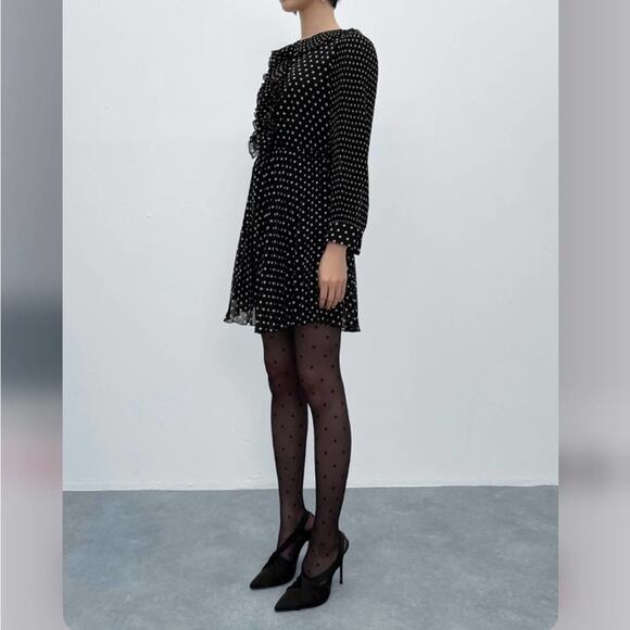 Zara Pleated Black Dress with White Polka Dot Printed Size Medium - Picture 2 of 9